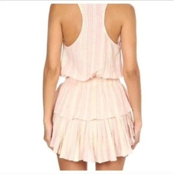 LoveShackFancy Size L Mini Dress Pink Striped Ruffle Tier Embroidered Boho - Picture 2 of 11